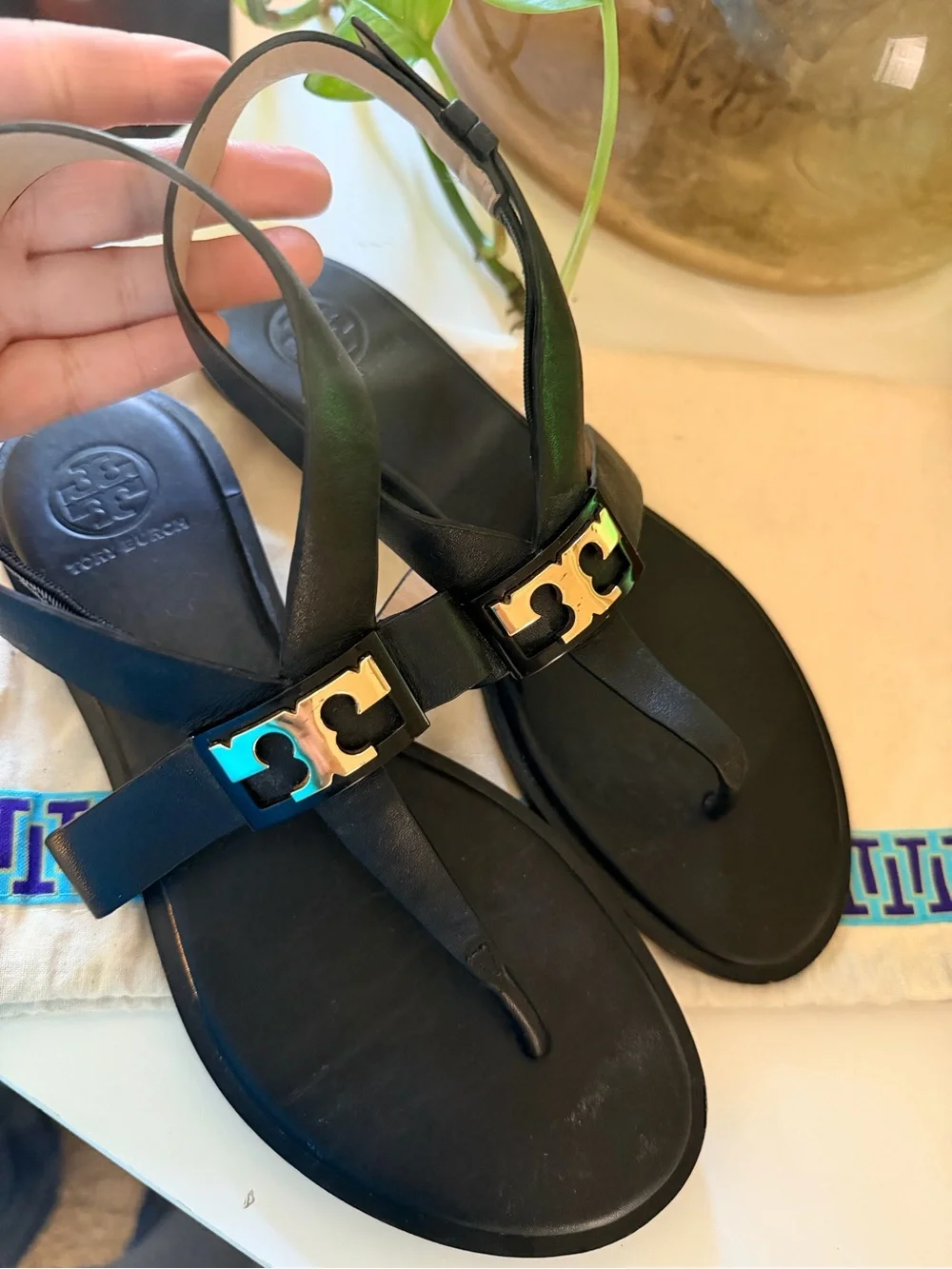 Tory Burch Black Sandals with Gold Logo Accent